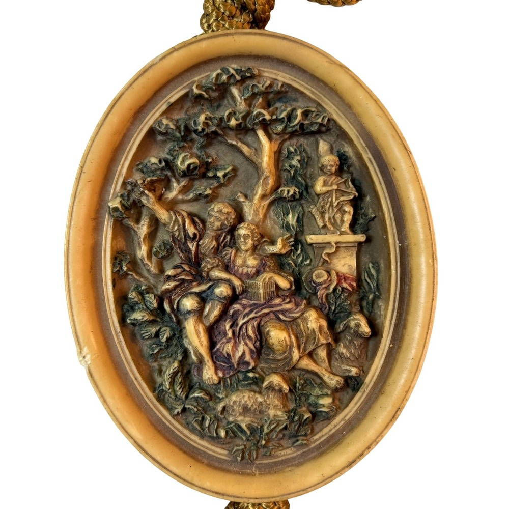 Vintage Rococo Courting Couple Relief Plaque Faux Ivory Frame Wall Hanging